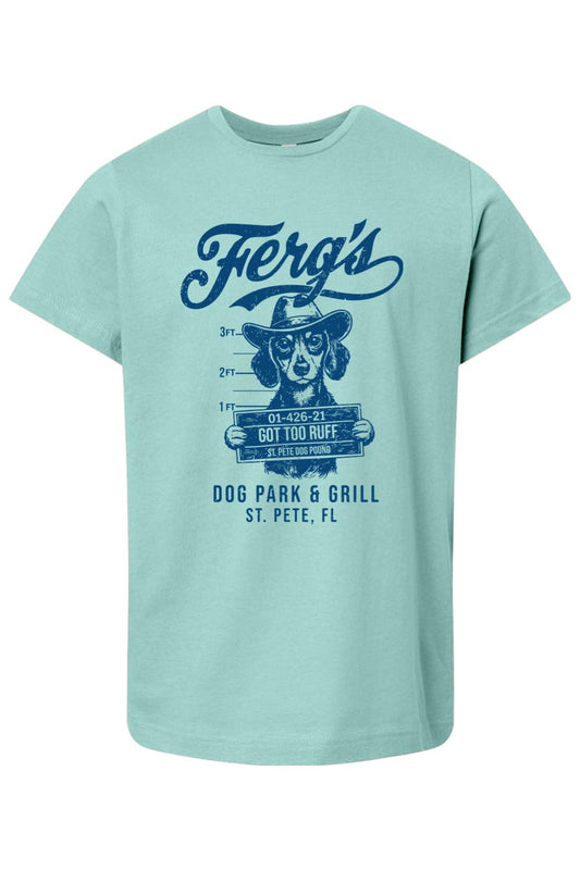 Light blue kids' cotton t-shirt featuring a mugshot-style graphic of a dog in a cowboy hat with Ferg's branding.