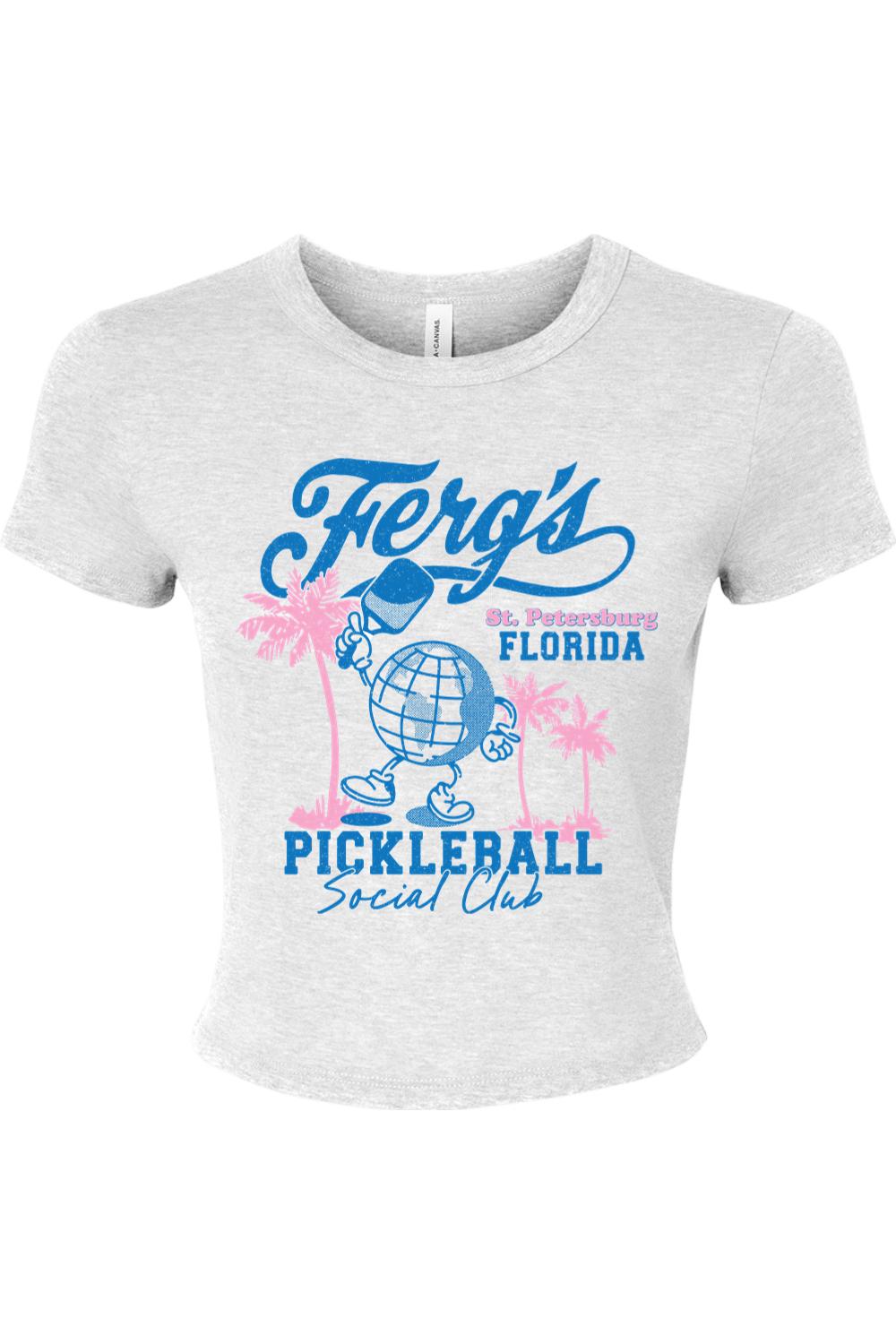 Light grey ribbed baby tee featuring a blue and pink Ferg's Pickleball Social Club graphic with palm trees.