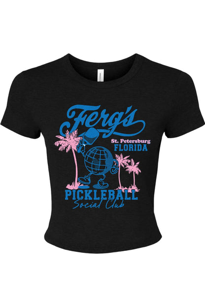Black ribbed baby tee featuring a blue and pink Ferg's Pickleball Social Club graphic with palm trees and a globe.