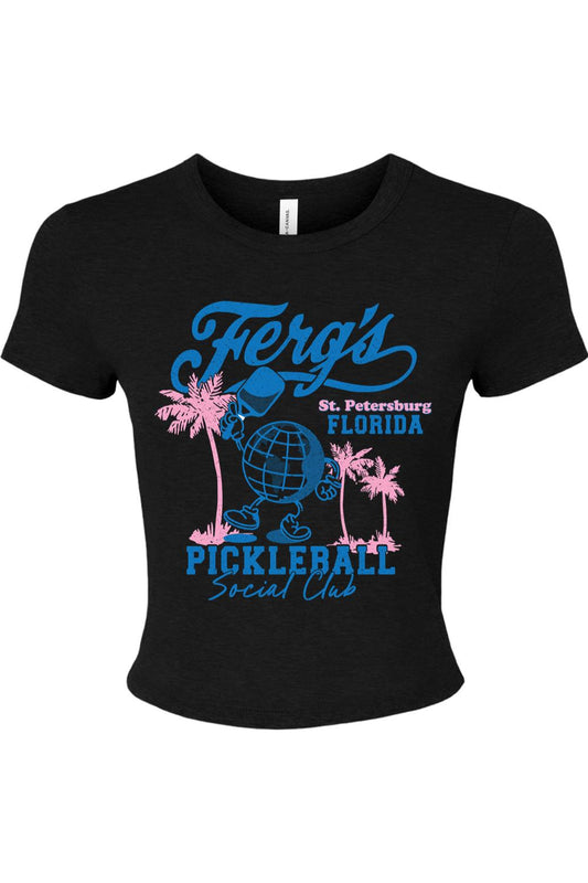 Black ribbed baby tee featuring a blue and pink Ferg's Pickleball Social Club graphic with palm trees and a globe.