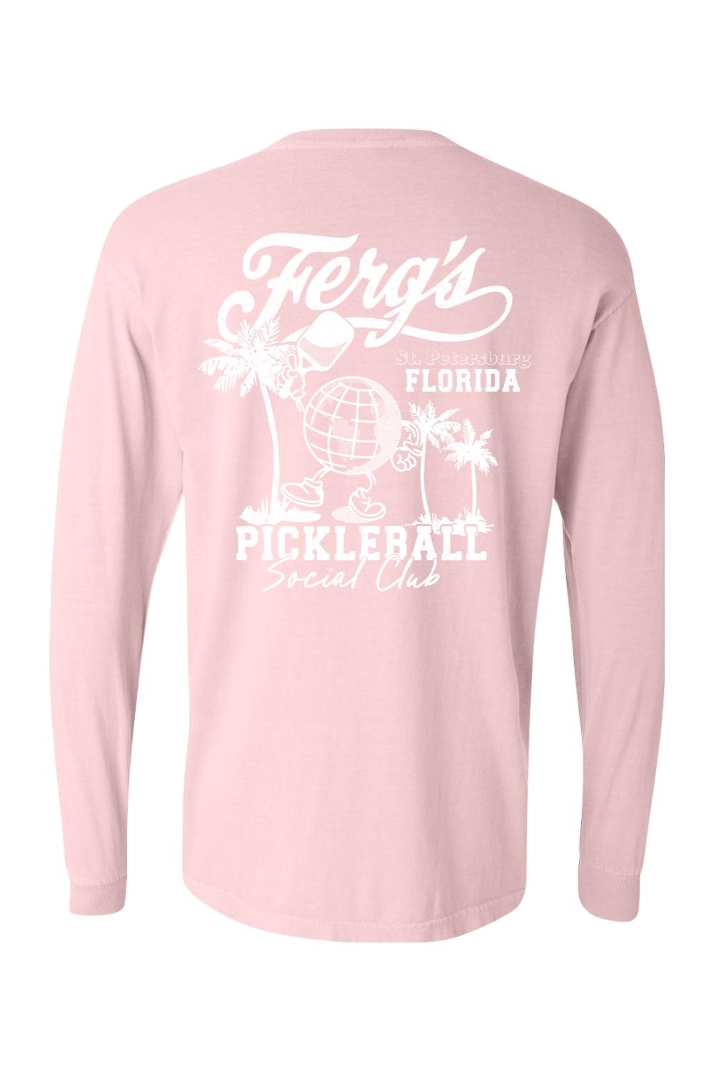 Light pink Comfort Colors long sleeve shirt featuring a white Ferg's Pickleball Social Club graphic on the back.