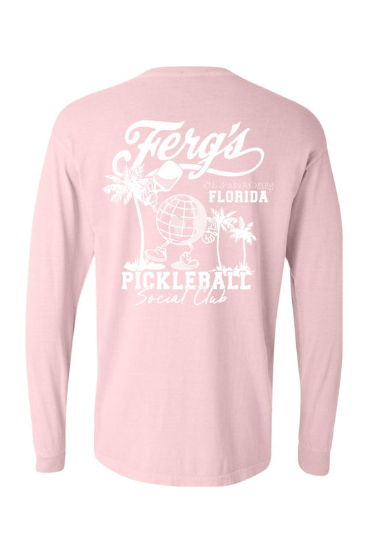 Light pink Comfort Colors long sleeve shirt featuring a white Ferg's Pickleball Social Club graphic on the back.