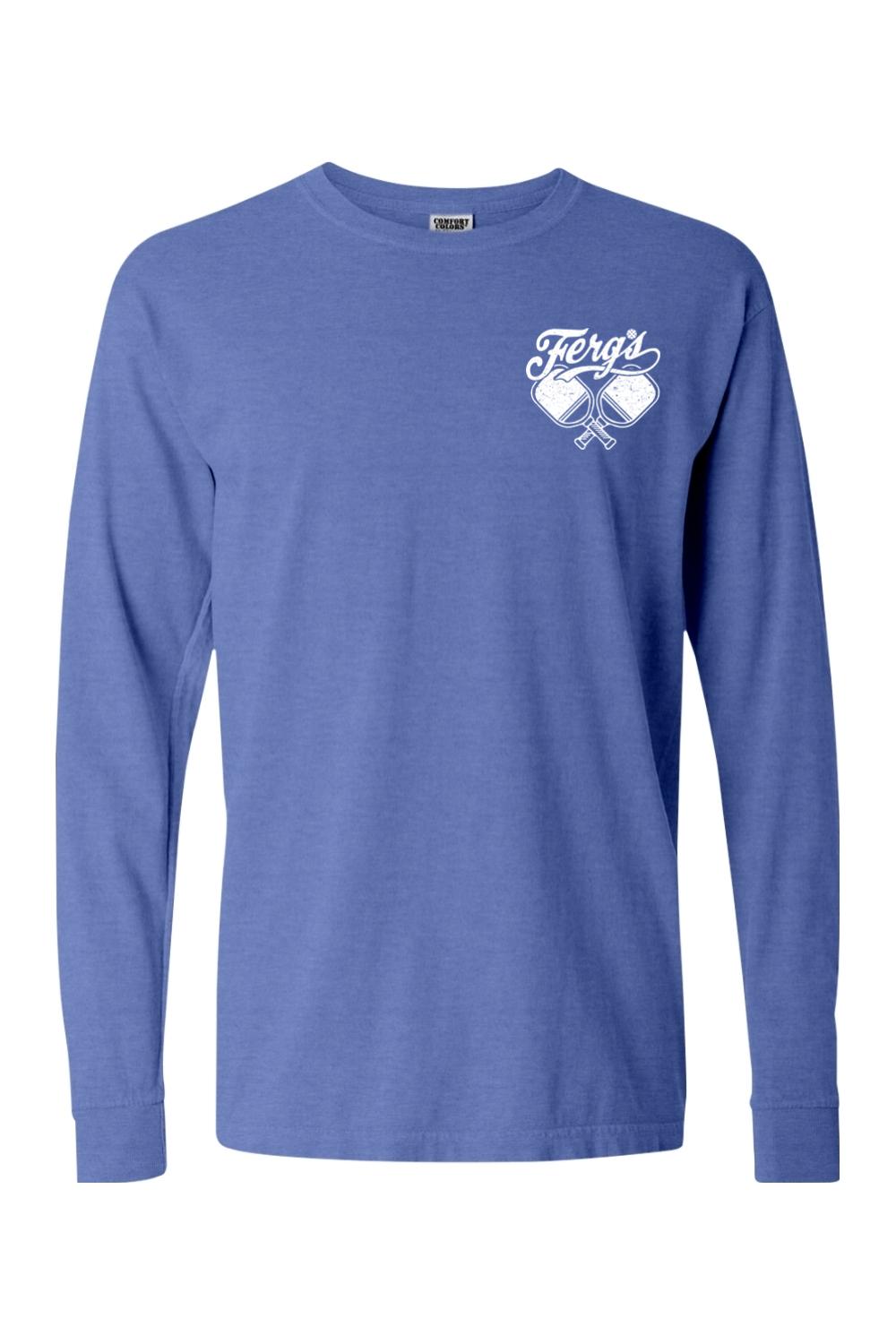Blue Comfort Colors long sleeve t-shirt featuring a white Ferg's Pickleball Social Club logo on the chest.