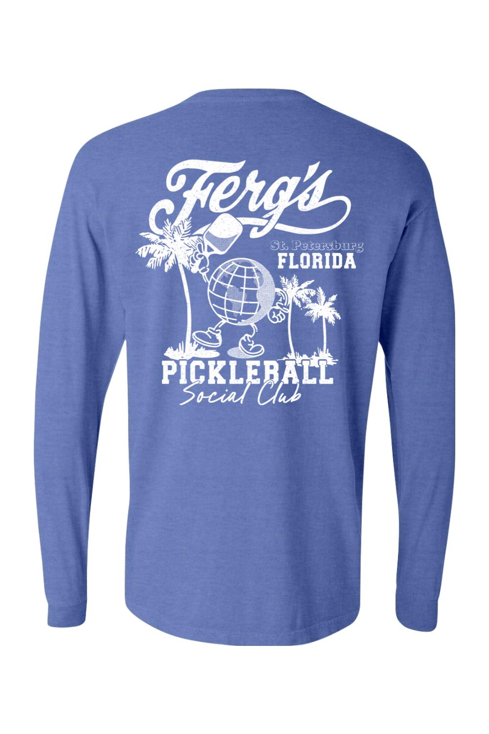 Blue Comfort Colors long sleeve t-shirt featuring a white Ferg's Pickleball Social Club graphic on the back.