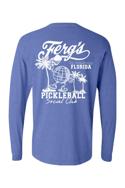 Blue Comfort Colors long sleeve t-shirt featuring a white Ferg's Pickleball Social Club graphic on the back.