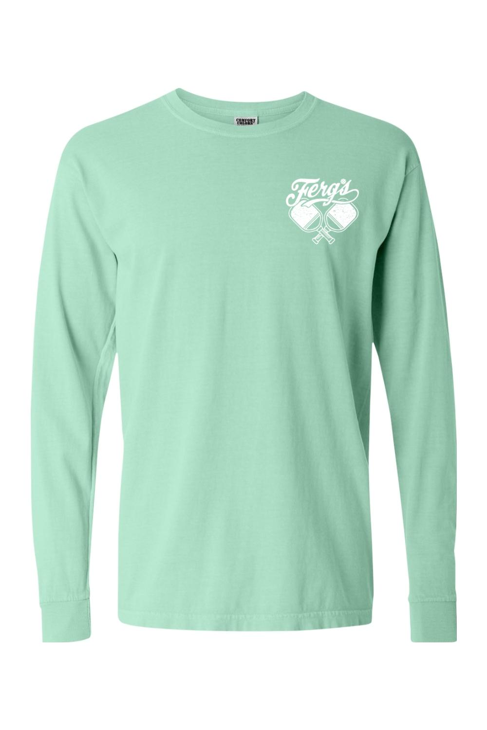 Mint green Comfort Colors long sleeve t-shirt featuring a white Ferg's Pickleball Social Club logo on the chest.
