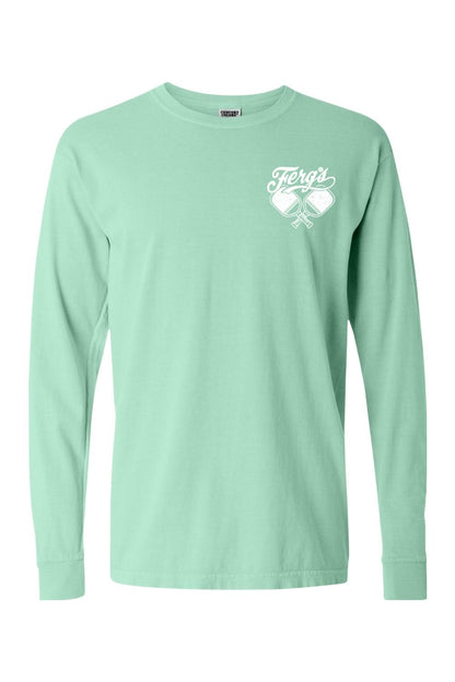 Mint green Comfort Colors long sleeve t-shirt featuring a white Ferg's Pickleball Social Club logo on the chest.