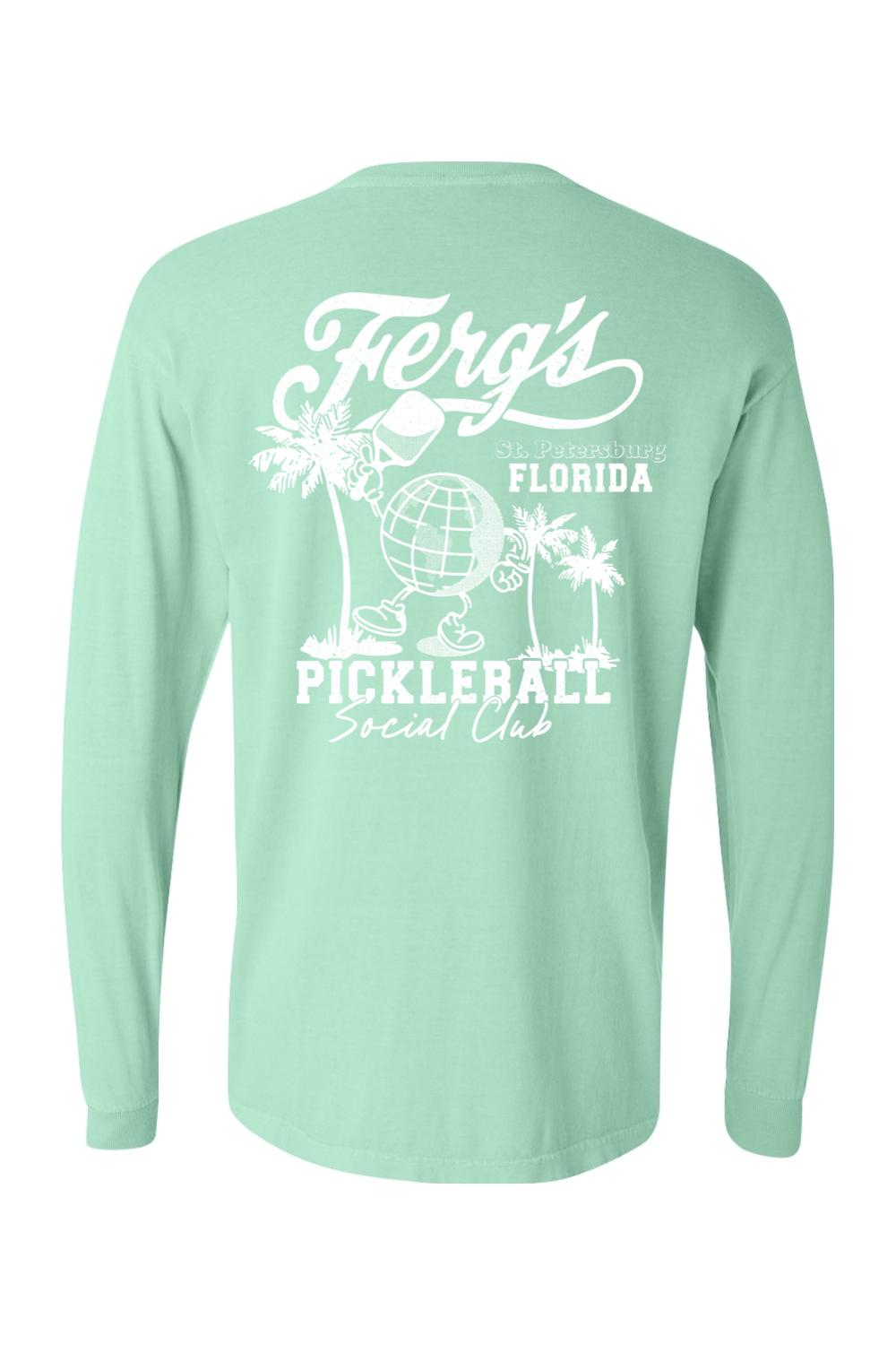 Mint green Comfort Colors long sleeve t-shirt featuring a white Ferg's Pickleball Social Club graphic on the back.