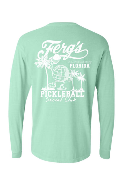 Mint green Comfort Colors long sleeve t-shirt featuring a white Ferg's Pickleball Social Club graphic on the back.