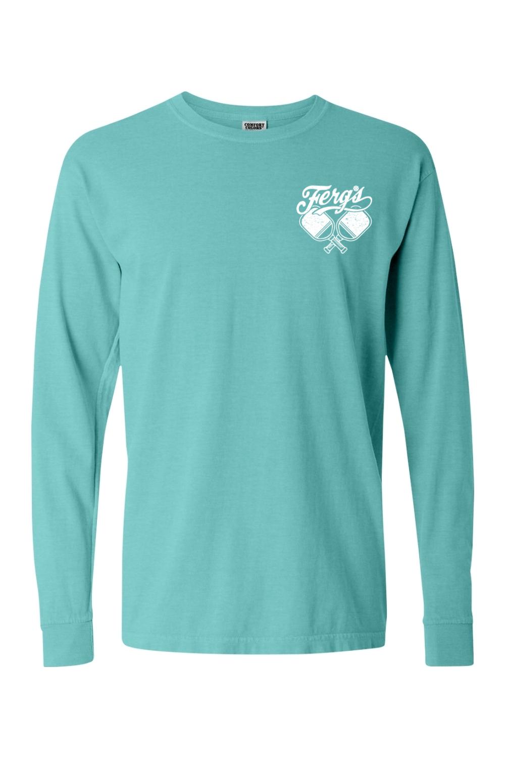 Teal Comfort Colors long sleeve t-shirt featuring a white Ferg's Pickleball Social Club logo on the chest.