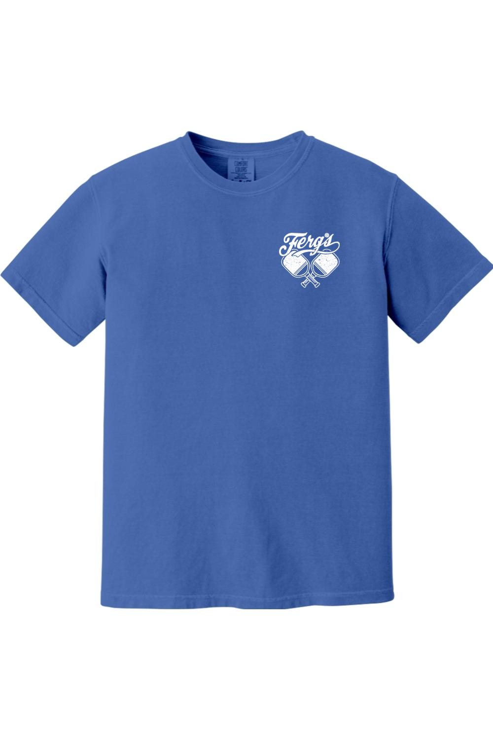 Blue Comfort Colors crewneck t-shirt featuring a white Ferg's Pickleball Social Club logo on the left chest.