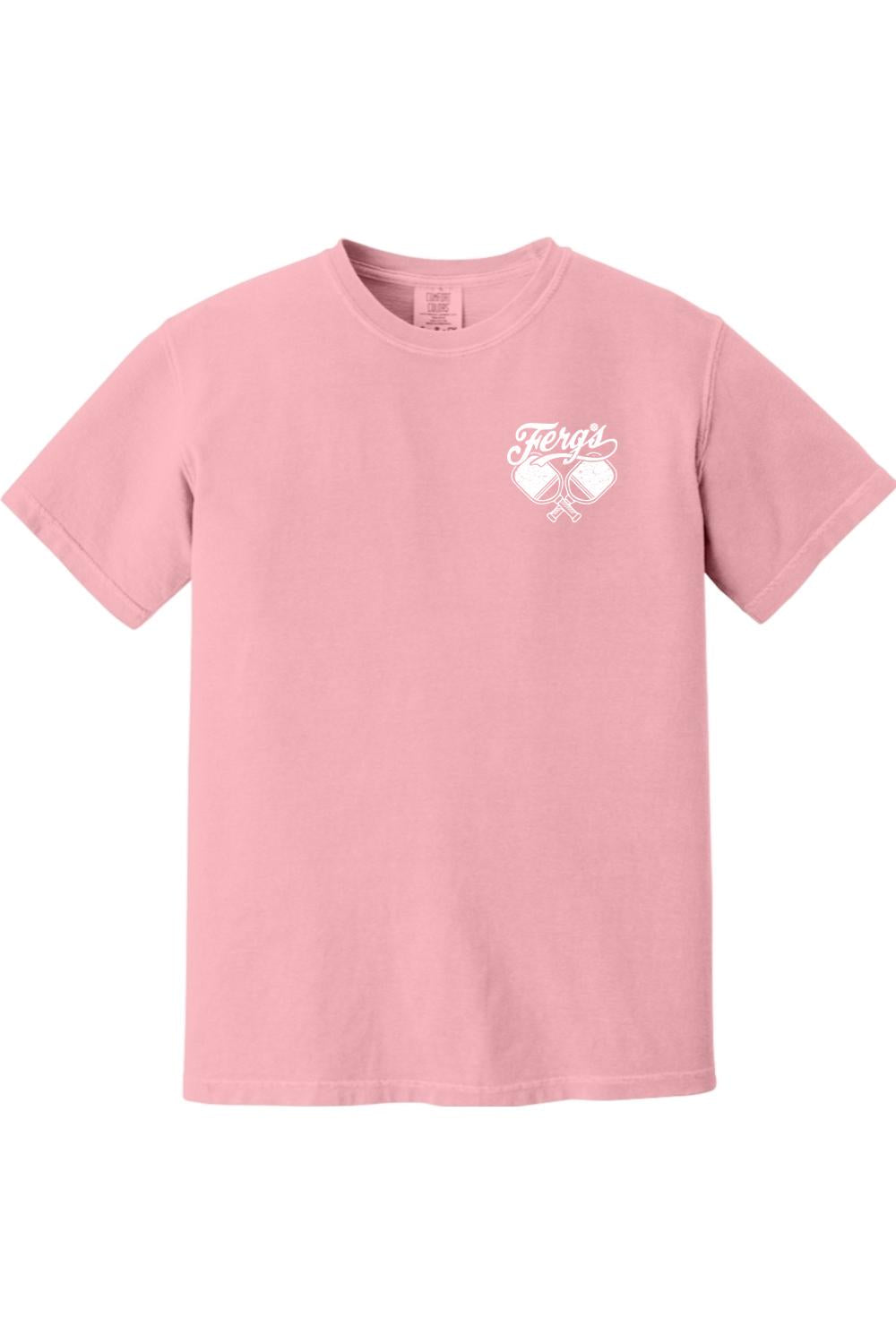 Light pink Comfort Colors t-shirt featuring a white Ferg's Pickleball Social Club logo on the left chest.