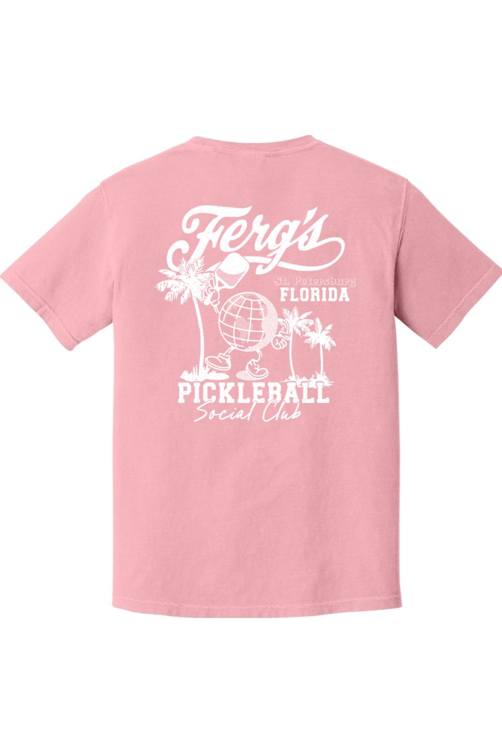 Light pink Comfort Colors t-shirt featuring a white Ferg's Pickleball Social Club graphic on the back.