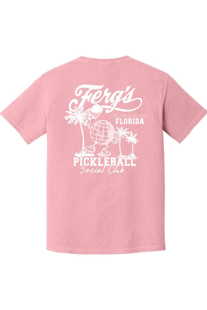 Light pink Comfort Colors t-shirt featuring a white Ferg's Pickleball Social Club graphic on the back.