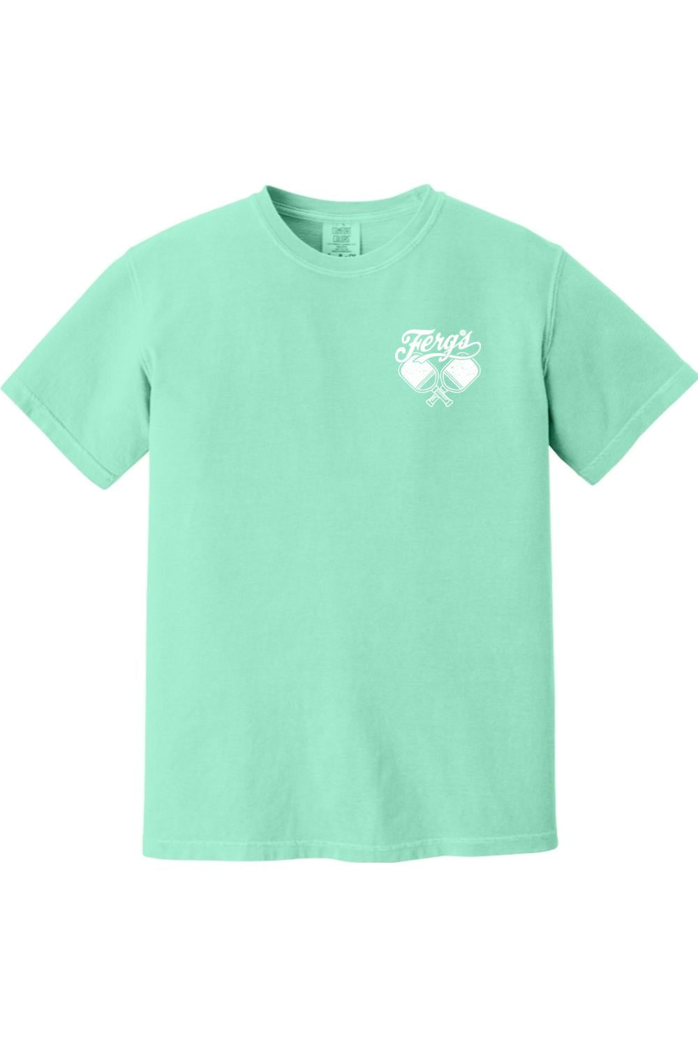 Mint green Comfort Colors t-shirt featuring a white Ferg's Pickleball Social Club logo on the left chest.