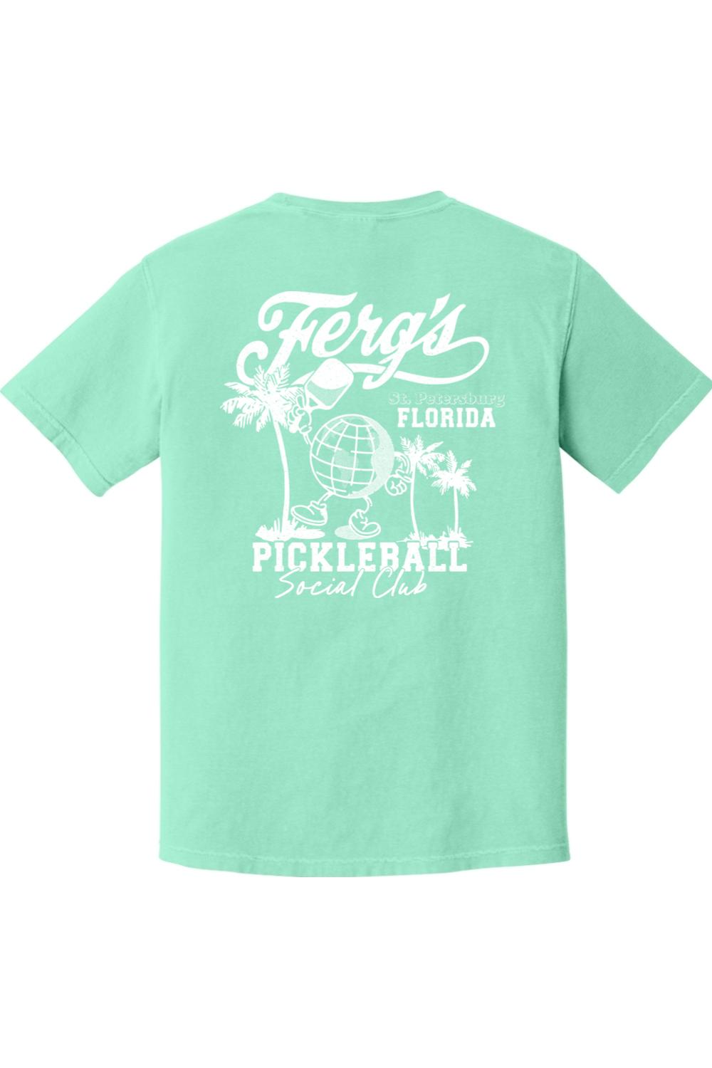 Mint green Comfort Colors t-shirt featuring a white Ferg's Pickleball Social Club graphic with a globe and palm trees.