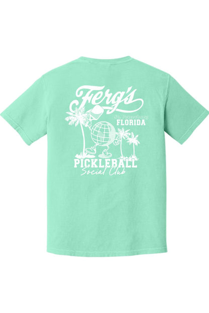 Mint green Comfort Colors t-shirt featuring a white Ferg's Pickleball Social Club graphic with a globe and palm trees.