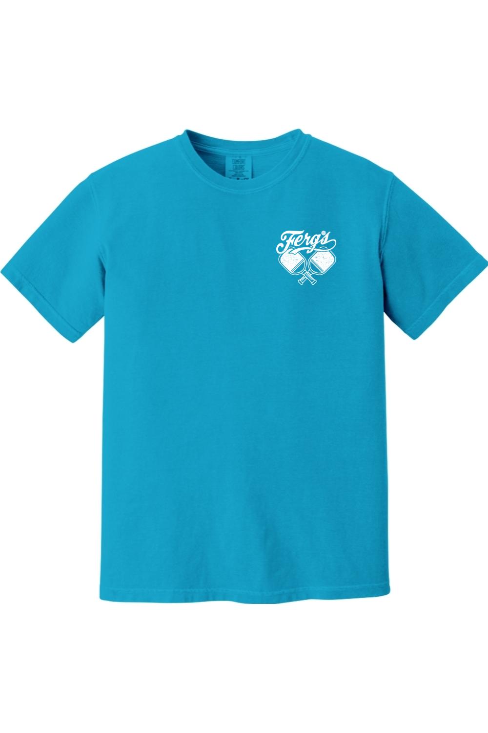 Bright blue Comfort Colors t-shirt featuring a white Ferg's Pickleball Social Club logo on the left chest.
