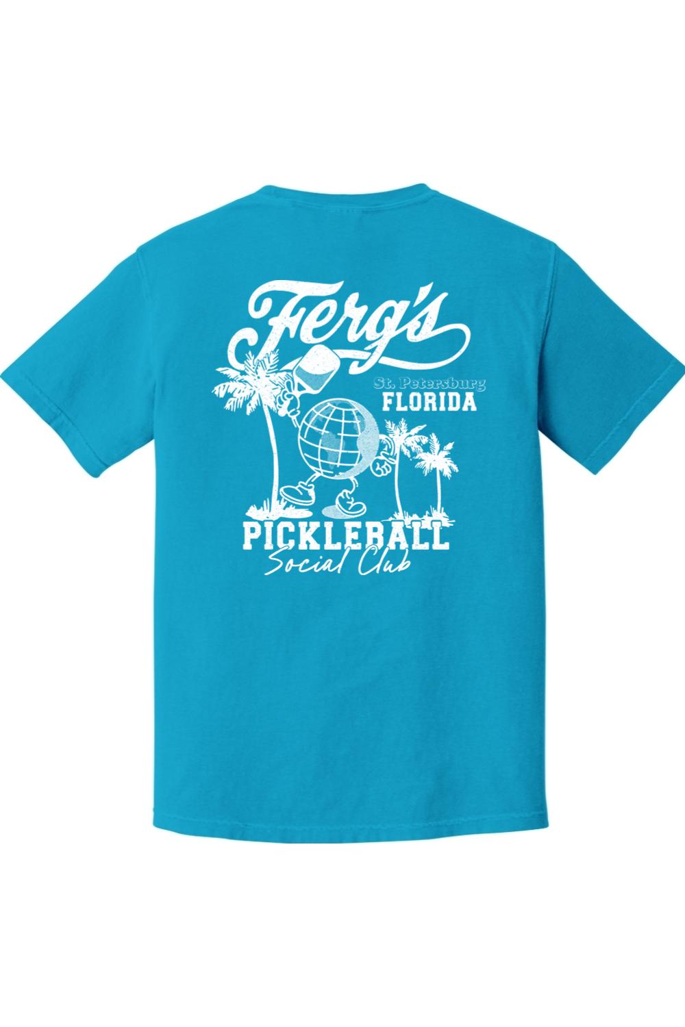 Bright blue Comfort Colors t-shirt featuring a white Ferg's Pickleball Social Club graphic on the back.