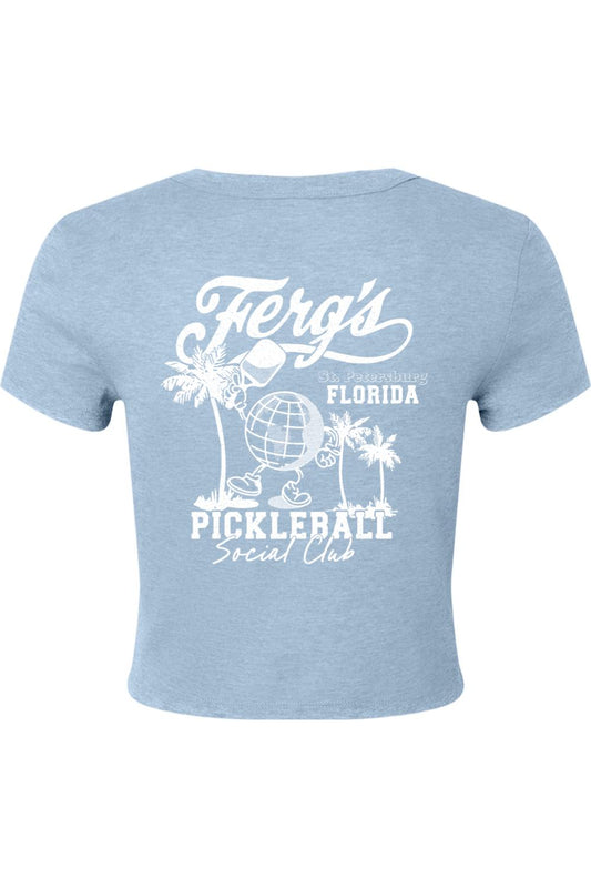 Light blue ribbed baby tee featuring a white Ferg's Pickleball Social Club graphic with a globe and palm trees.