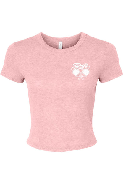 Pink ribbed baby tee featuring a white Ferg's Pickleball Social Club logo on the chest.
