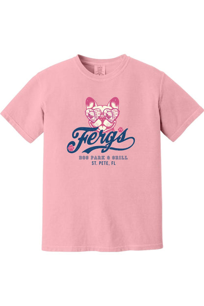 Light pink Comfort Colors cotton t-shirt featuring a Ferg's Dog Park & Grill graphic with a puppy in heart sunglasses.