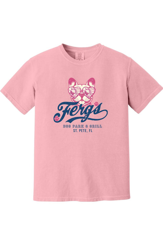 Light pink Comfort Colors cotton t-shirt featuring a Ferg's Dog Park & Grill graphic with a puppy in heart sunglasses.