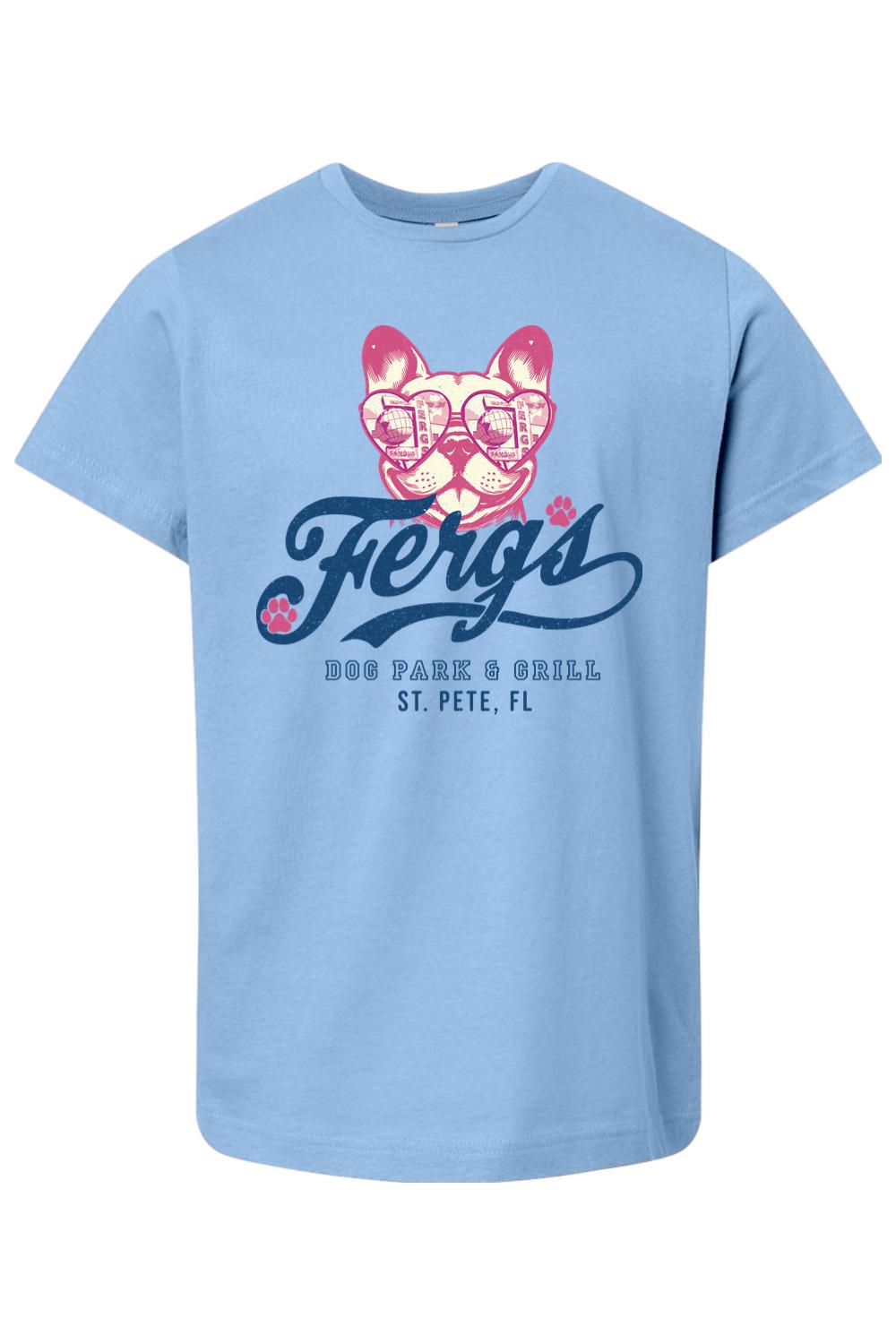 Light blue cotton kids' t-shirt featuring a French Bulldog graphic with pink heart-shaped glasses and Ferg's logo.