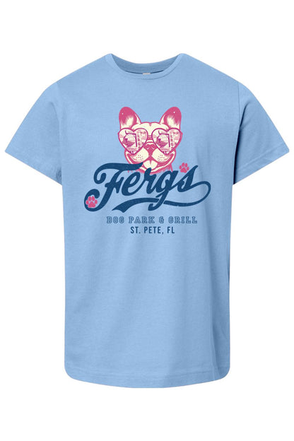 Light blue cotton kids' t-shirt featuring a French Bulldog graphic with pink heart-shaped glasses and Ferg's logo.