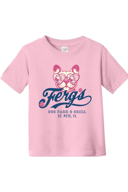 Light pink toddler cotton t-shirt featuring a French bulldog in heart-shaped sunglasses and Ferg's Dog Park & Grill logo.