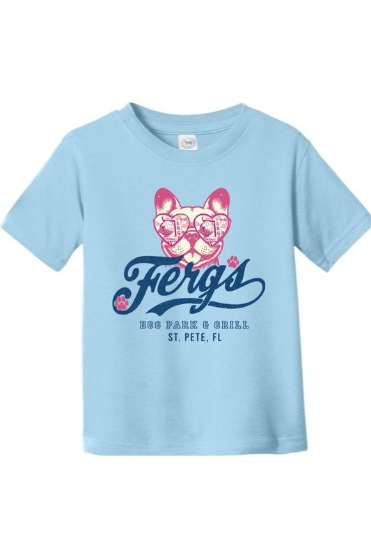 Light blue toddler cotton t-shirt featuring a pink French bulldog wearing heart-shaped sunglasses and Ferg's logo.