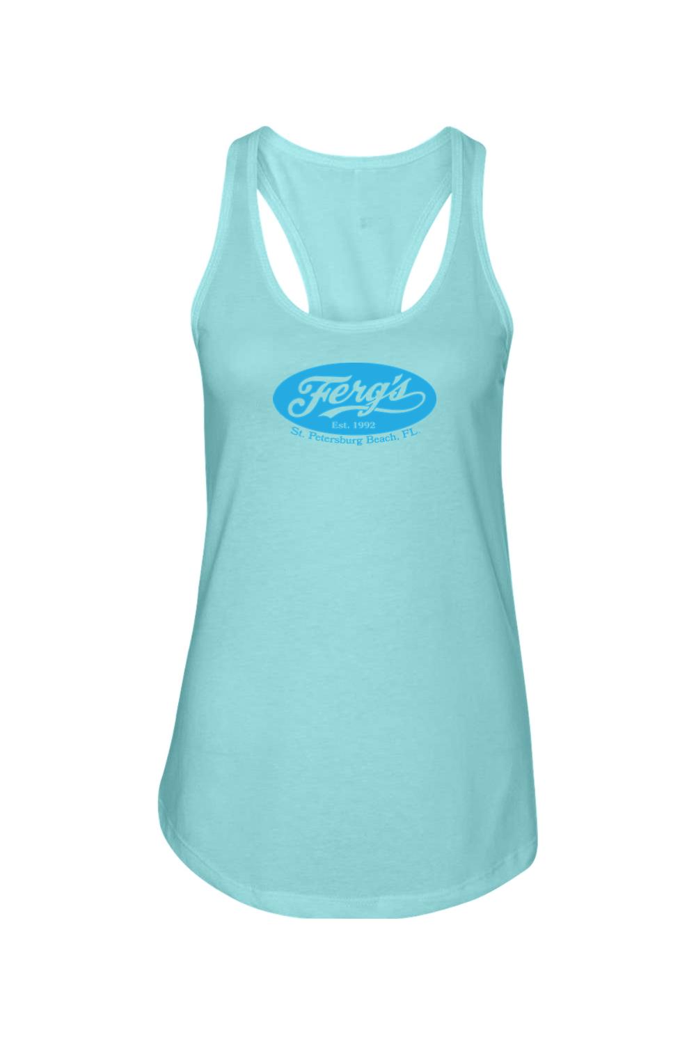 Light blue racerback tank top featuring a blue Ferg's St. Petersburg Beach logo on the chest.