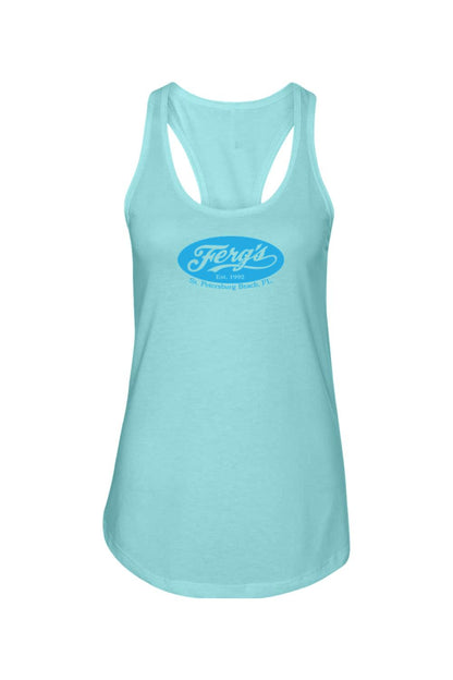 Light blue racerback tank top featuring a blue Ferg's St. Petersburg Beach logo on the chest.