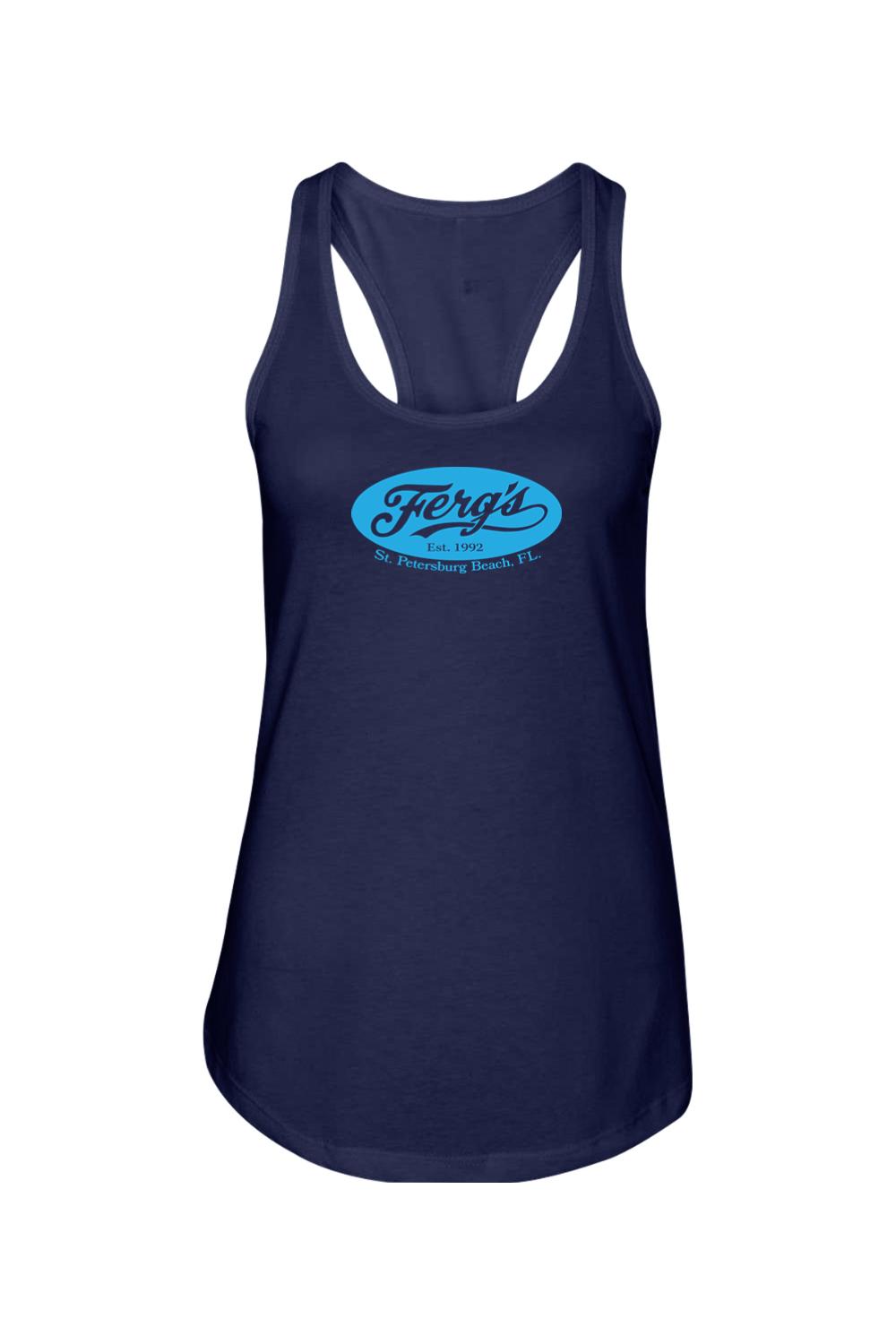 Navy blue racerback tank top with a light blue Ferg's St. Petersburg Beach logo on the chest.