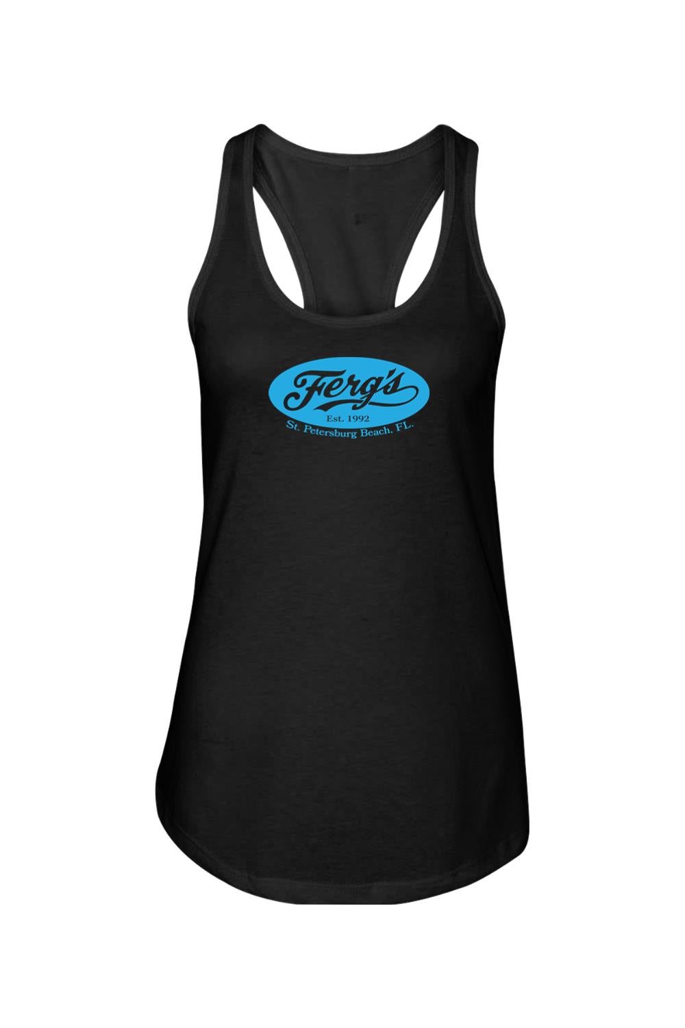 Black racerback tank top with a blue Ferg's St. Petersburg Beach logo printed on the chest.