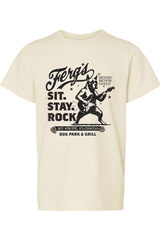 Cream-colored kid's cotton t-shirt featuring a black graphic of a dog playing guitar with Ferg's Rockin Pup text.