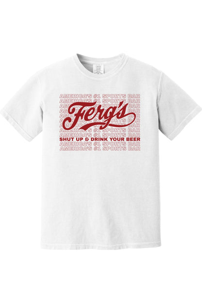 White Comfort Colors cotton t-shirt featuring a red Ferg's logo and America's #1 Sports Bar text graphic.
