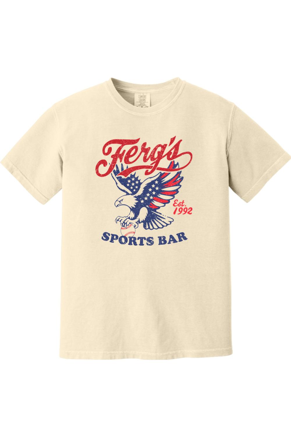 Cream Comfort Colors cotton t-shirt with a vintage red, white, and blue eagle and baseball graphic.