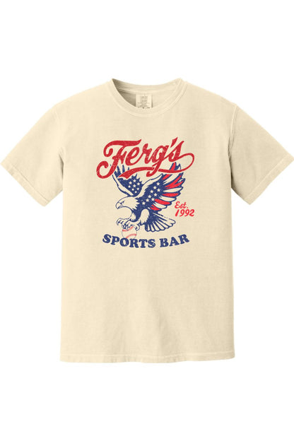 Cream Comfort Colors cotton t-shirt with a vintage red, white, and blue eagle and baseball graphic.