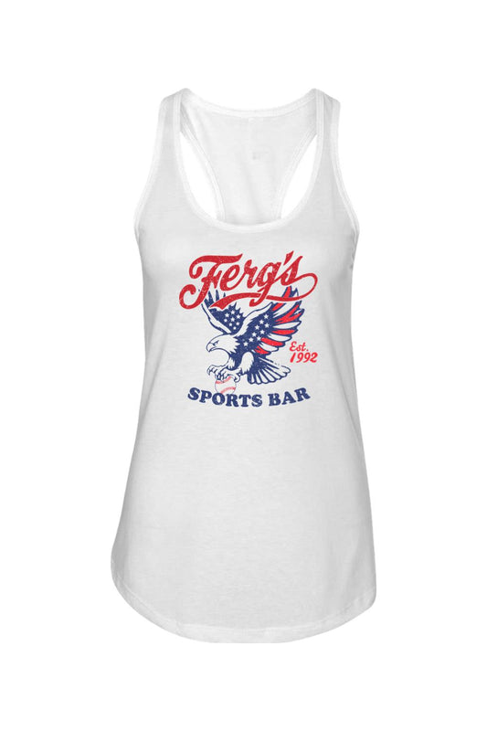 White cotton-blend racerback tank featuring a distressed patriotic eagle graphic and red and blue Ferg's logo.