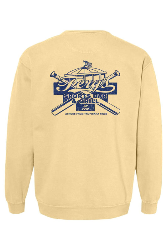 Light yellow Comfort Colors crewneck sweatshirt featuring a blue Ferg's Sports Bar & Grill graphic on the back.