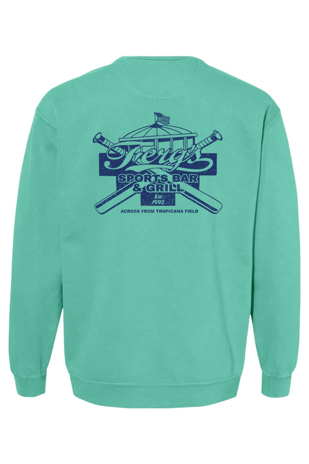 Mint green Comfort Colors crewneck sweatshirt featuring a navy blue Ferg's Sports Bar & Grill graphic on the back.