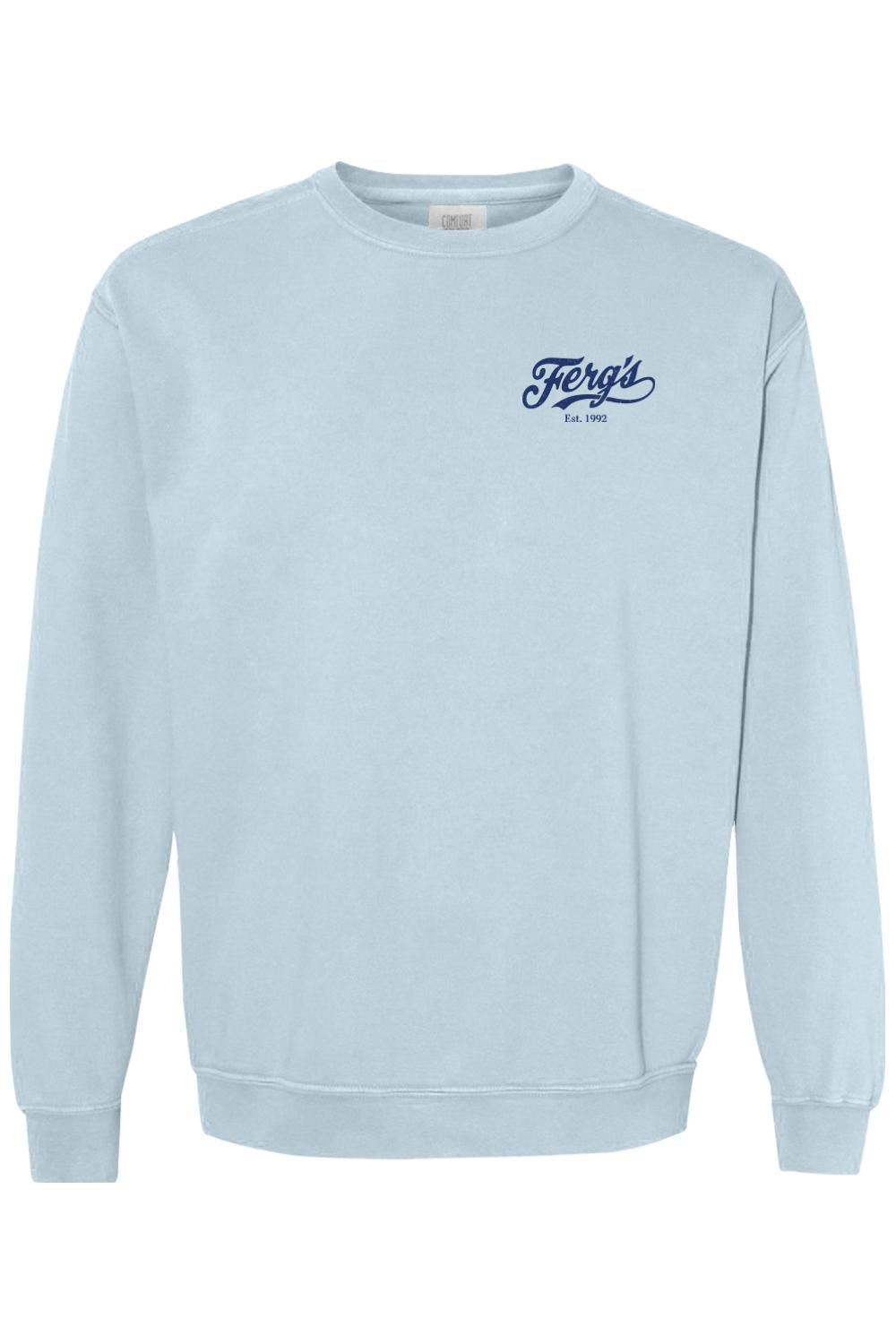 Light blue Comfort Colors crewneck sweatshirt with a small navy blue Ferg's Tropicana logo on the chest.
