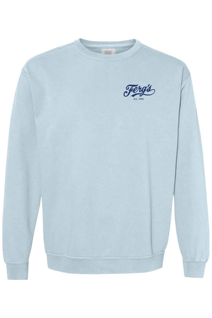 Light blue Comfort Colors crewneck sweatshirt with a small navy blue Ferg's Tropicana logo on the chest.