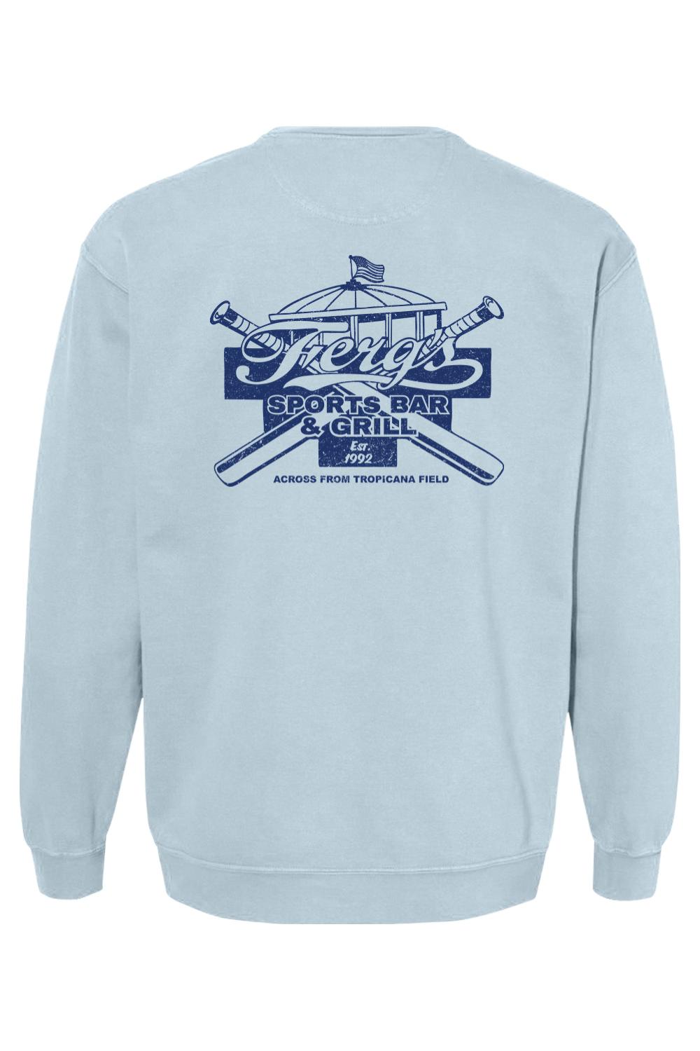 Light blue Comfort Colors crewneck sweatshirt featuring a navy blue Ferg's Sports Bar & Grill graphic on the back.