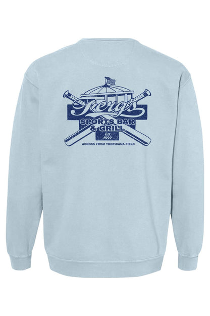 Light blue Comfort Colors crewneck sweatshirt featuring a navy blue Ferg's Sports Bar & Grill graphic on the back.