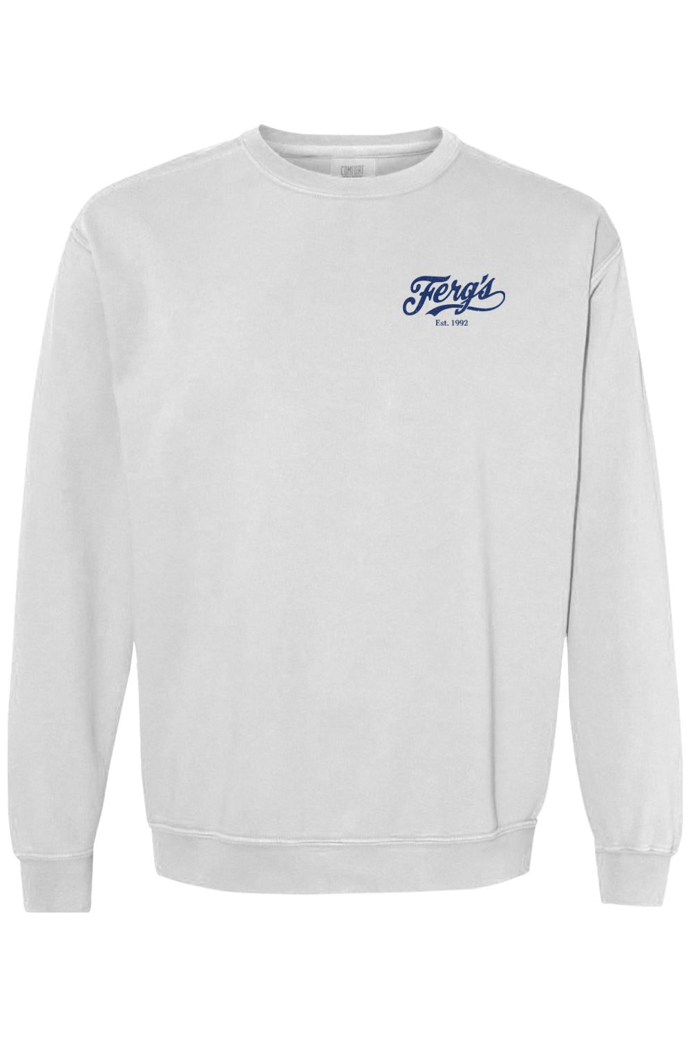 White Comfort Colors crewneck sweatshirt featuring a small blue Ferg's Est. 1992 logo on the left chest.