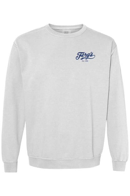 White Comfort Colors crewneck sweatshirt featuring a small blue Ferg's Est. 1992 logo on the left chest.