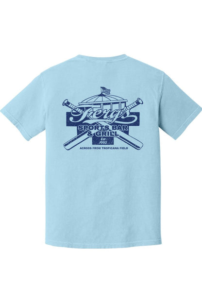 Light blue Comfort Colors cotton t-shirt featuring a navy blue Ferg's Sports Bar & Grill graphic on the back.
