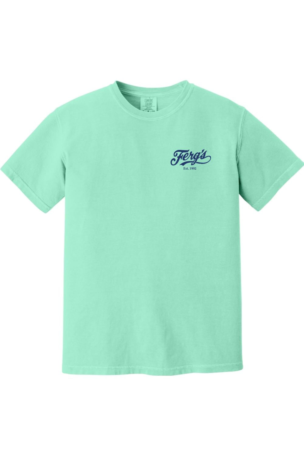 Mint green Comfort Colors ringspun cotton t-shirt featuring a small navy blue Ferg's Est. 1992 logo on the chest.